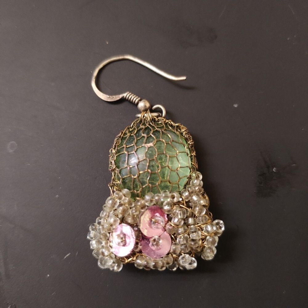 Eclectic Hippie Boho Earrings Mesh Covered Green Rock Pink Beads Vintage Looking